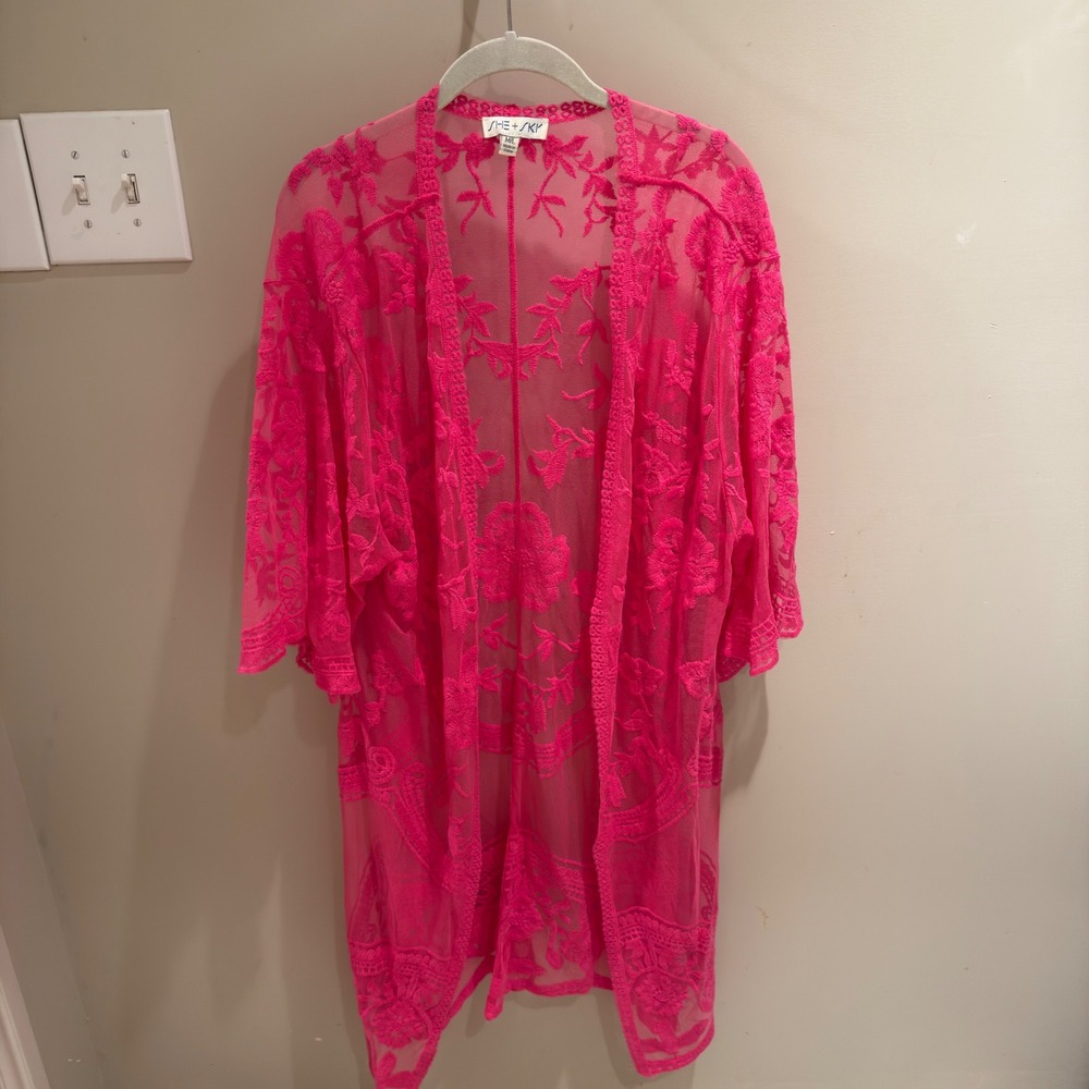 She + Sky Hot Pink Lace Kimono Sheer Embroidered Cover Up Festival Boho